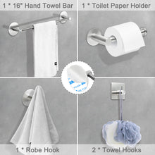 Load image into Gallery viewer, 5-Piece Bathroom Hardware Set - Self Adhesive 16&quot; Hand Towel Bar Rack Toilet Paper Holder Robe Hook Set - SUS 304 Stainless Steel Brushed Nickel Wall Mount, No Drilling for Kitchen Bedroom
